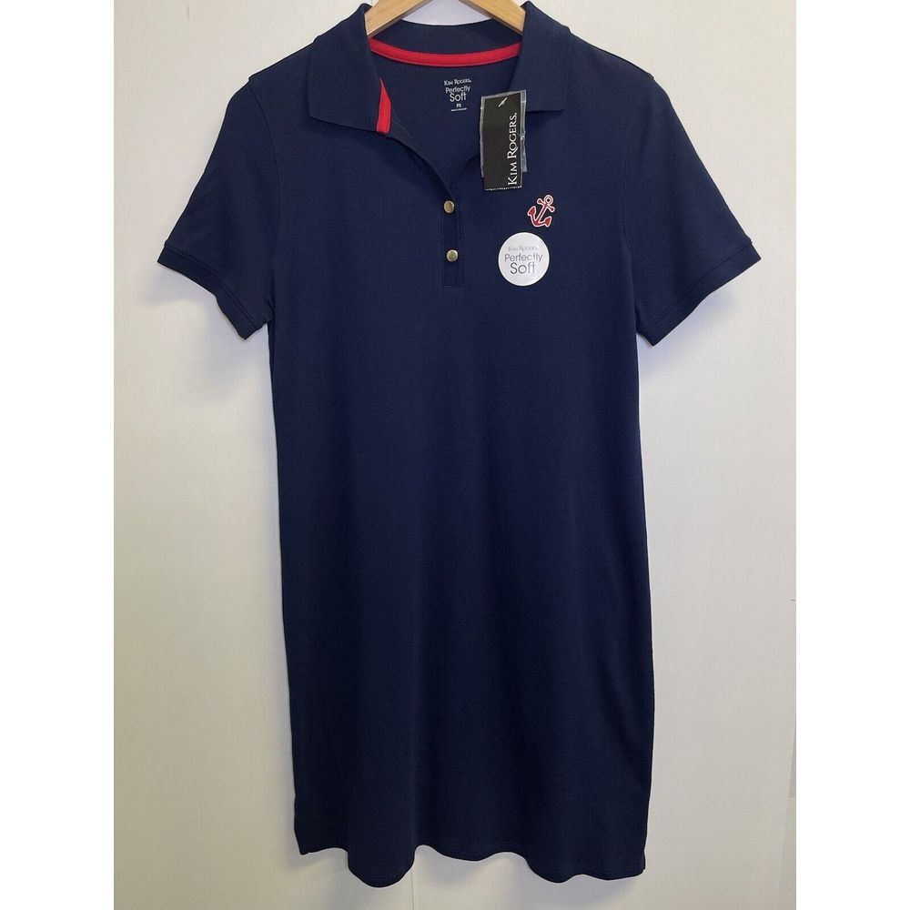NEW Kim Rogers Womens Polo Shirt Dress PS Navy Blue Nautical Preppy Soft Knit